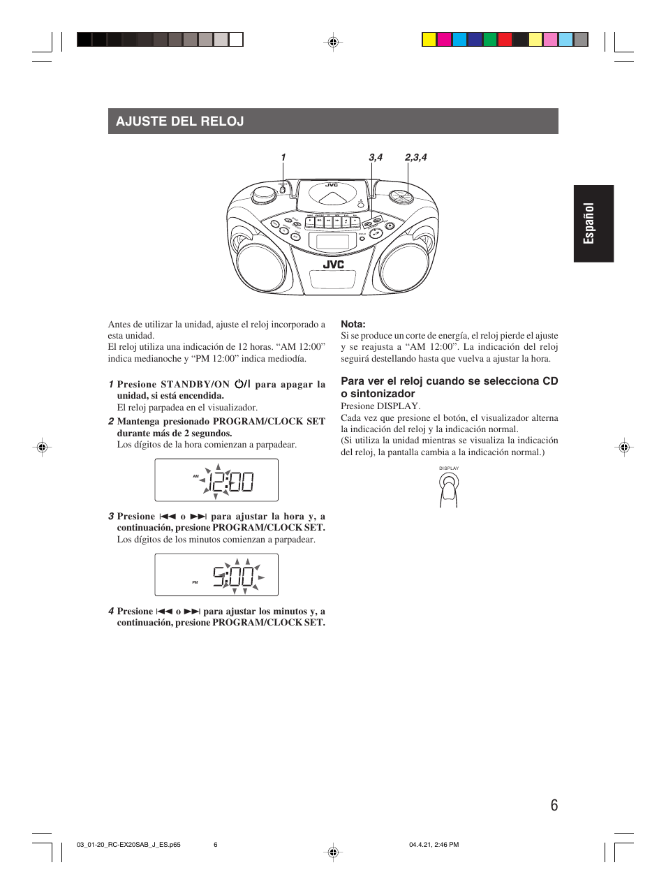 Ajuste del reloj, Español ajuste del reloj | JVC RC-EX20S User Manual | Page 29 / 46