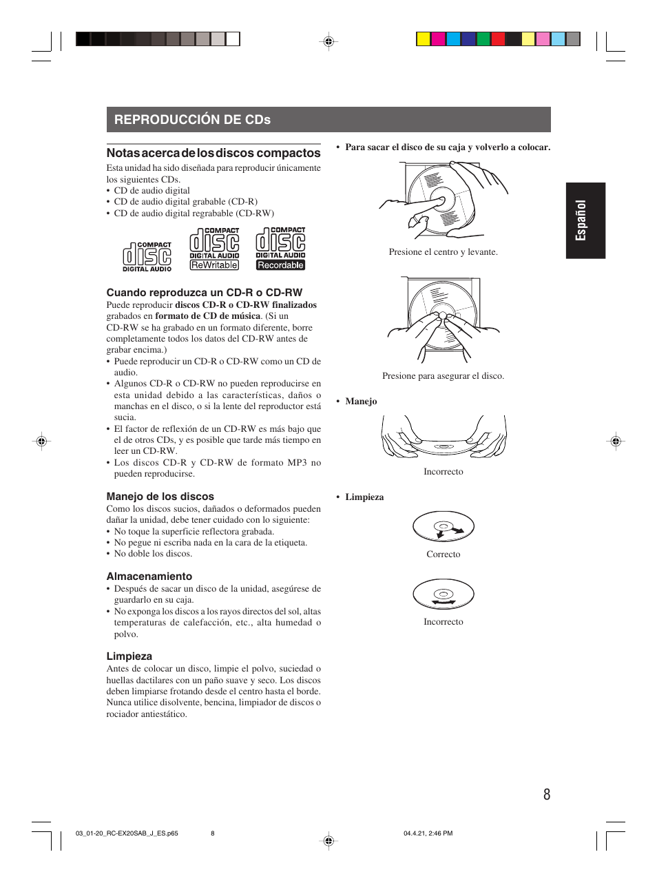 Reproducción de cds, Español reproducción de cds | JVC RC-EX20S User Manual | Page 31 / 46