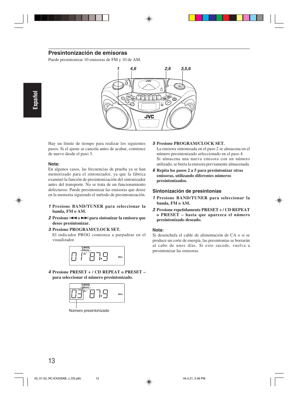 Español, Presintonización de emisoras, Sintonización de presintonías | Puede presintonizar 10 emisoras de fm y 10 de am | JVC RC-EX20S User Manual | Page 36 / 46