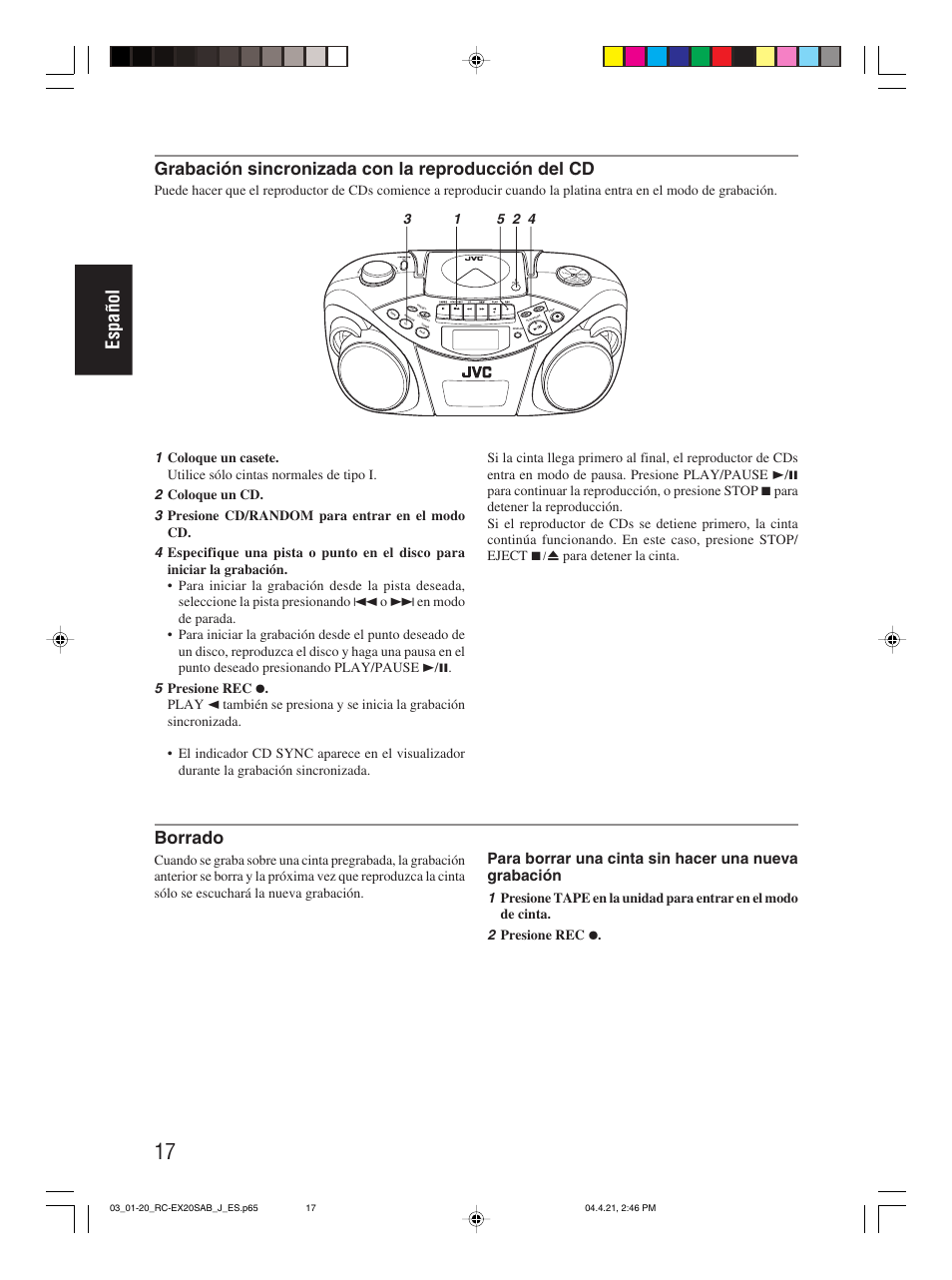 Español, Grabación sincronizada con la reproducción del cd, Borrado | JVC RC-EX20S User Manual | Page 40 / 46