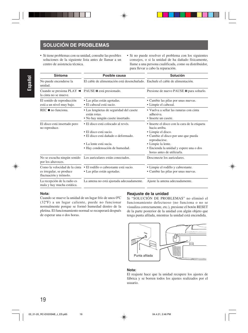Solución de problemas, Español solución de problemas | JVC RC-EX20S User Manual | Page 42 / 46