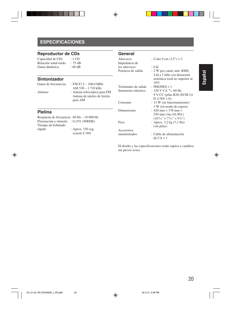 Especificaciones, Español especificaciones | JVC RC-EX20S User Manual | Page 43 / 46