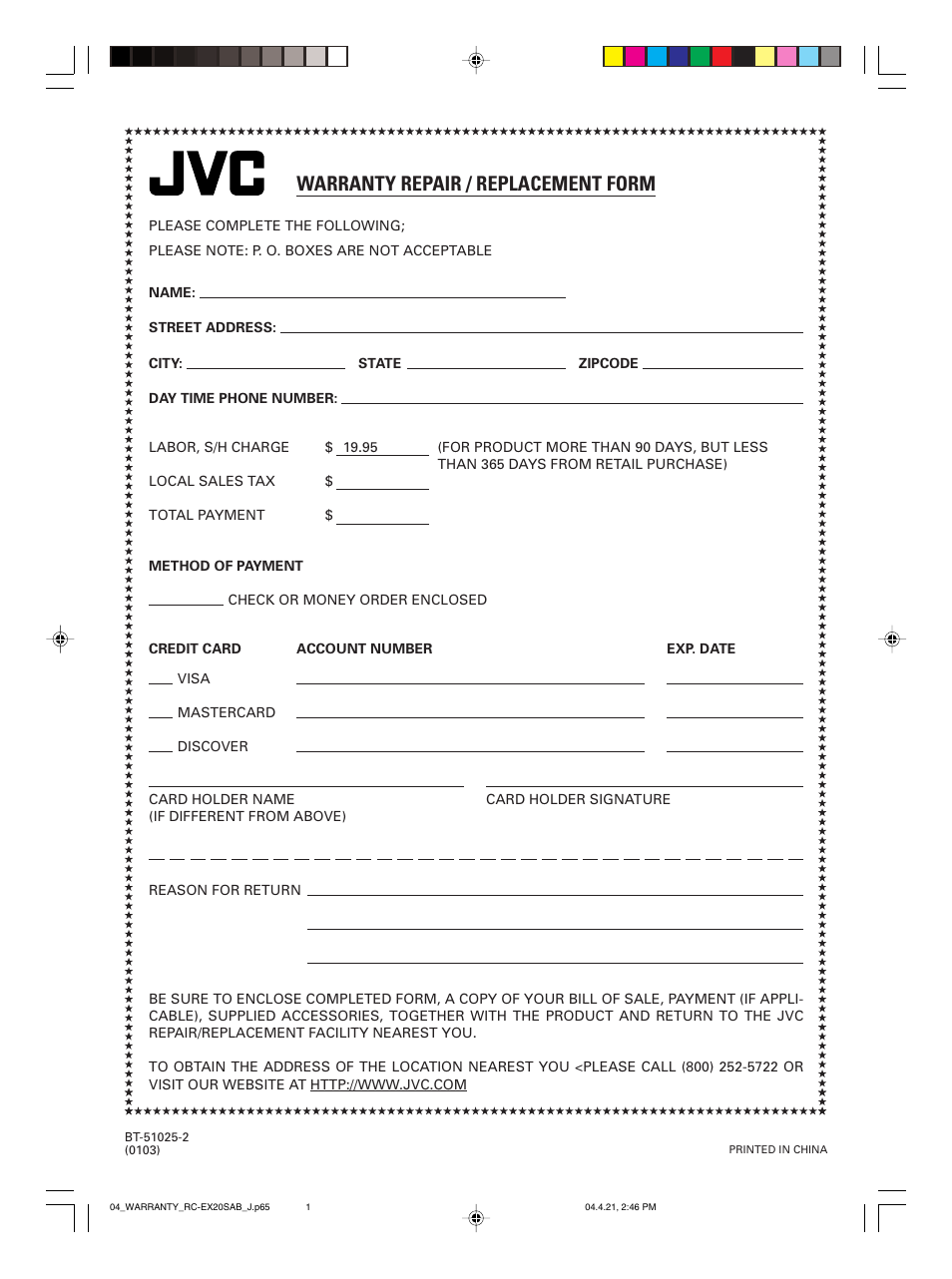 Warranty repair / replacement form | JVC RC-EX20S User Manual | Page 44 / 46