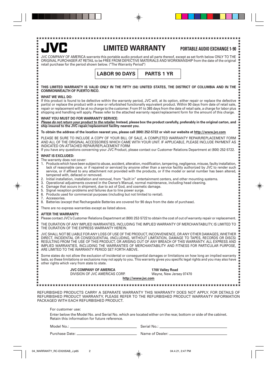 Limited warranty, Labor 90 days parts 1 yr, Portable audio exchange 1-90 | JVC RC-EX20S User Manual | Page 45 / 46