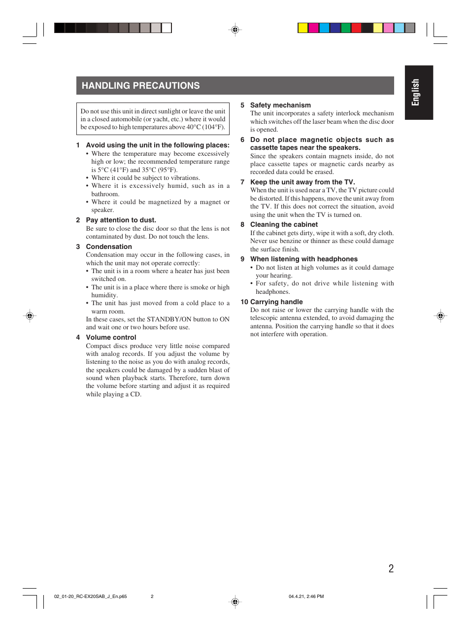 Handling precautions, English | JVC RC-EX20S User Manual | Page 5 / 46