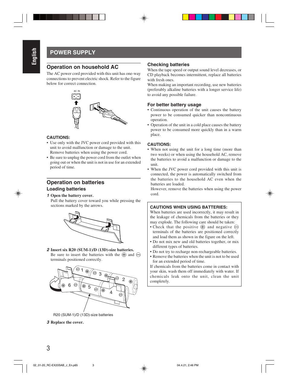 Power supply, English | JVC RC-EX20S User Manual | Page 6 / 46