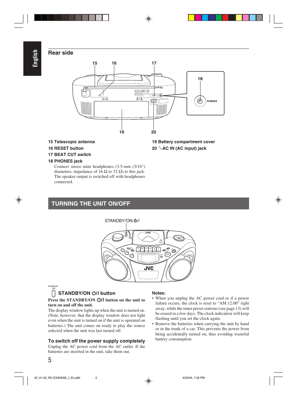 Turning the unit on/off, English, Rear side | Standby/on button | JVC RC-EX20S User Manual | Page 8 / 46