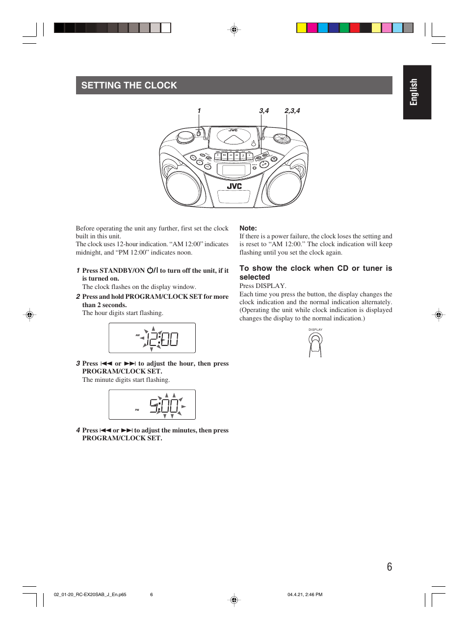 Setting the clock, English setting the clock | JVC RC-EX20S User Manual | Page 9 / 46