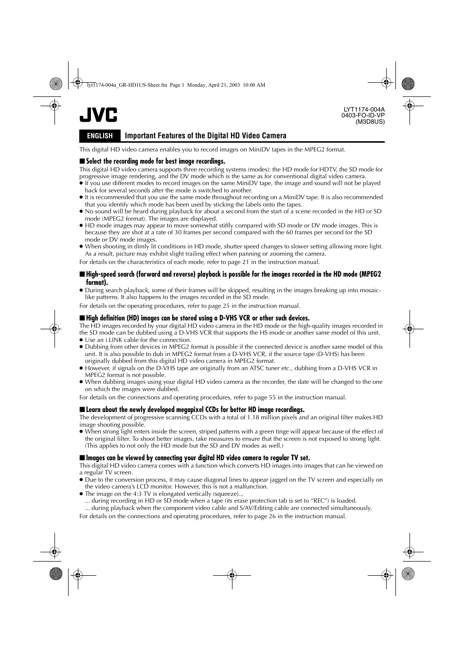 Important features of the digital hd video camera | JVC 0503-FO-ID-VP User Manual | Page 109 / 114