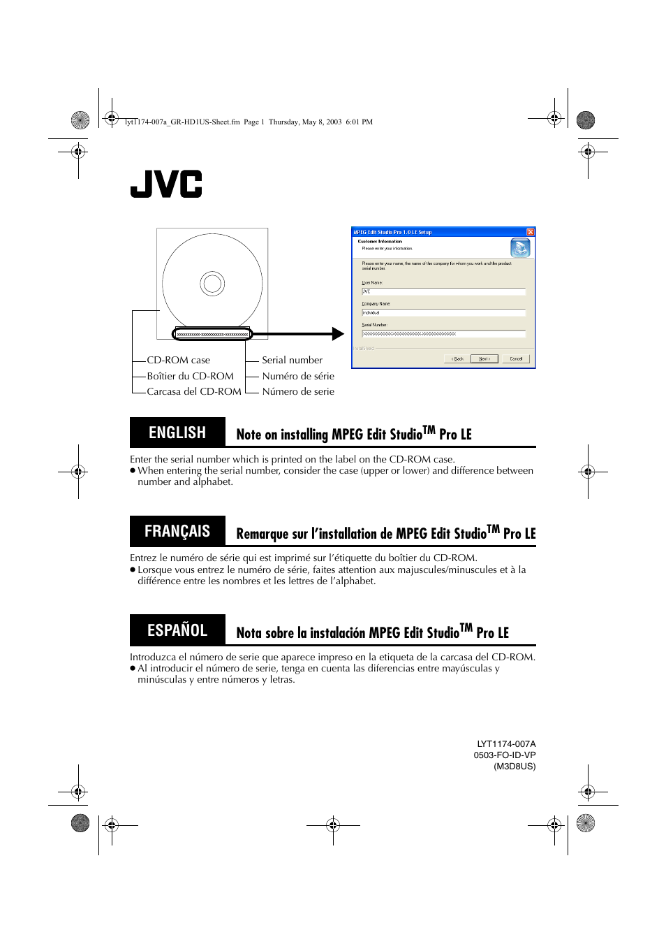 English, Français, Español | Pro le, Remarque sur l’installation de mpeg edit studio, Nota sobre la instalación mpeg edit studio | JVC 0503-FO-ID-VP User Manual | Page 114 / 114