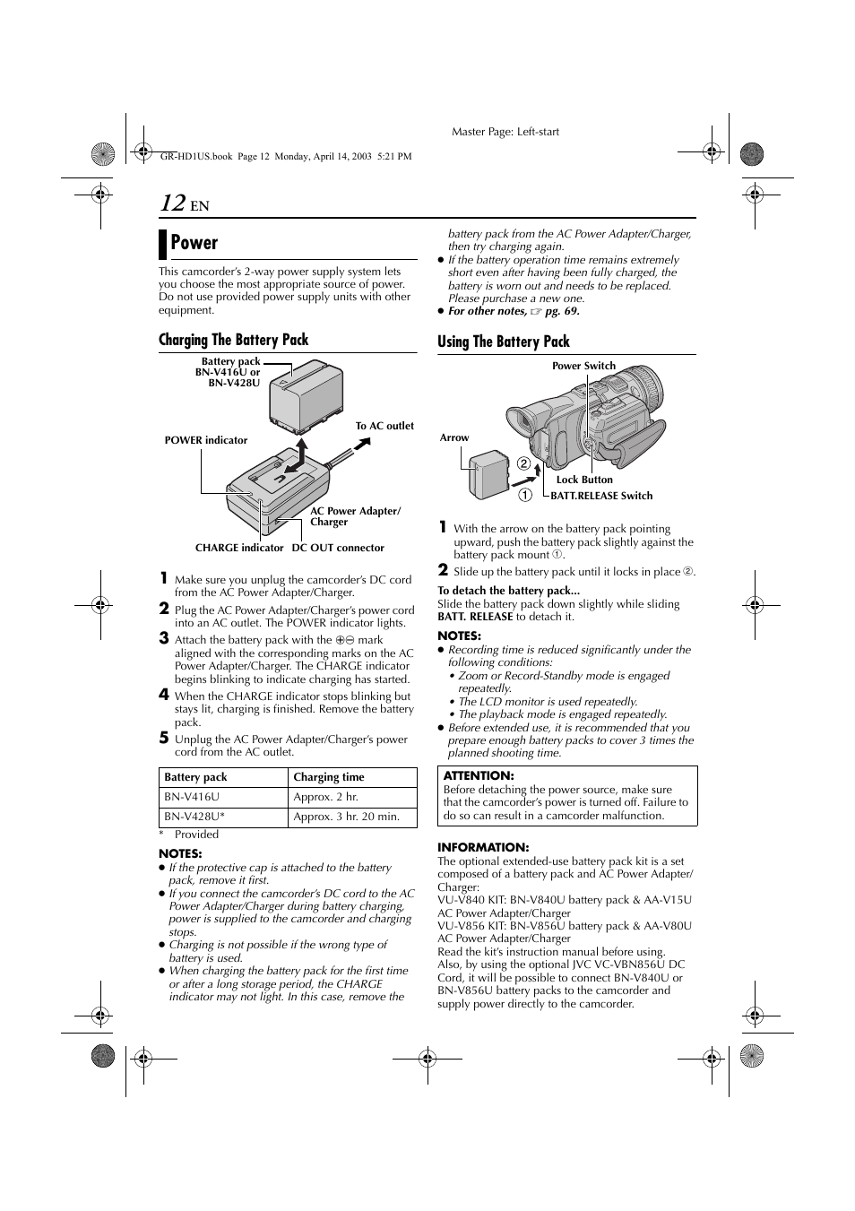 Getting started, Power, Charging the battery pack 1 | Using the battery pack 1 | JVC 0503-FO-ID-VP User Manual | Page 12 / 114