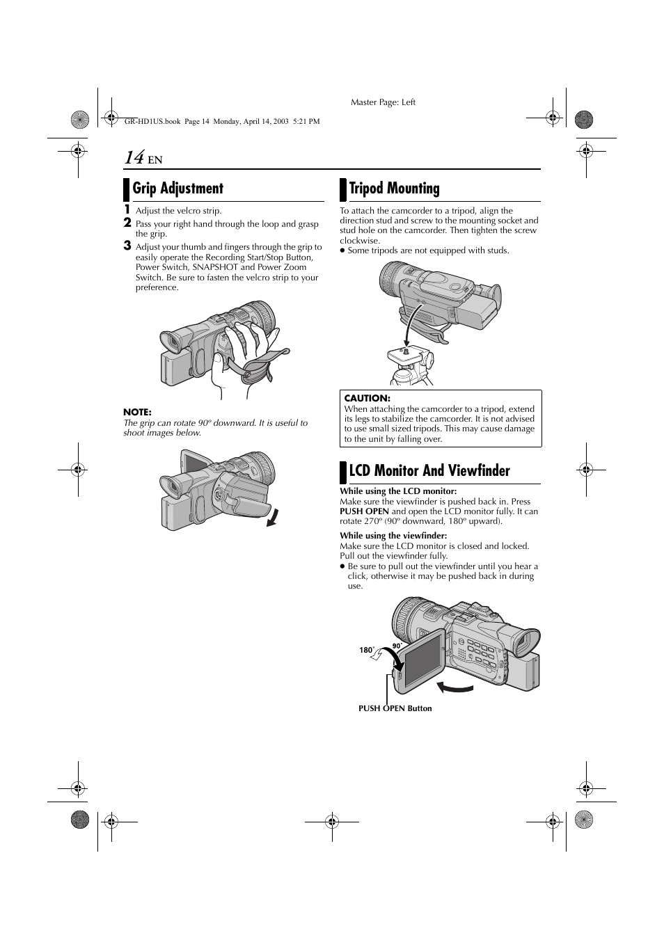 Grip adjustment, Tripod mounting, Lcd monitor and viewfinder | Grip adjustment tripod mounting | JVC 0503-FO-ID-VP User Manual | Page 14 / 114