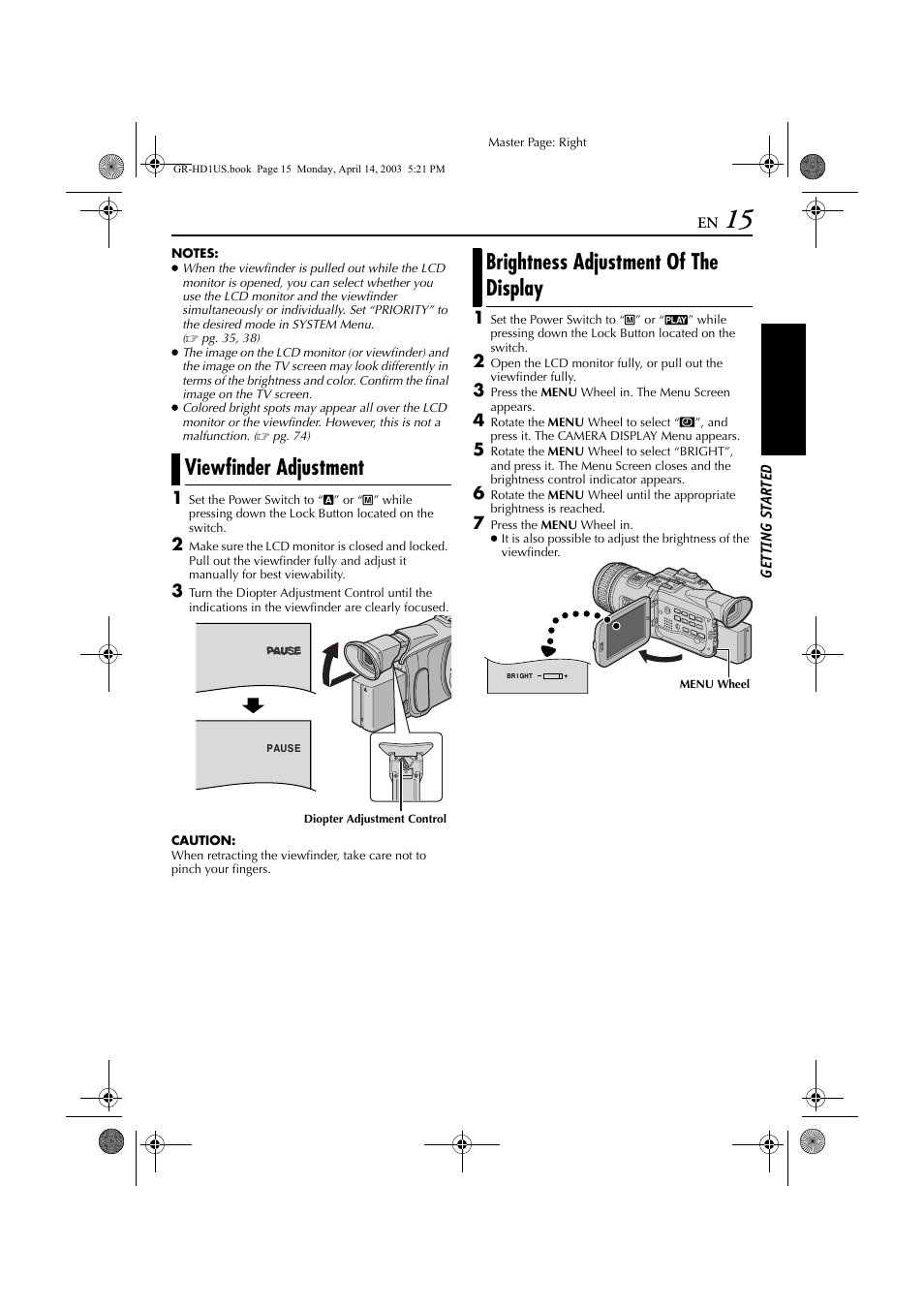 Viewfinder adjustment, Brightness adjustment of the display | JVC 0503-FO-ID-VP User Manual | Page 15 / 114