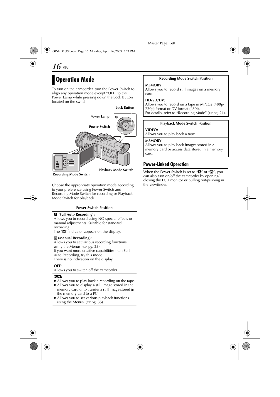 Operation mode, Power-linked operation | JVC 0503-FO-ID-VP User Manual | Page 16 / 114