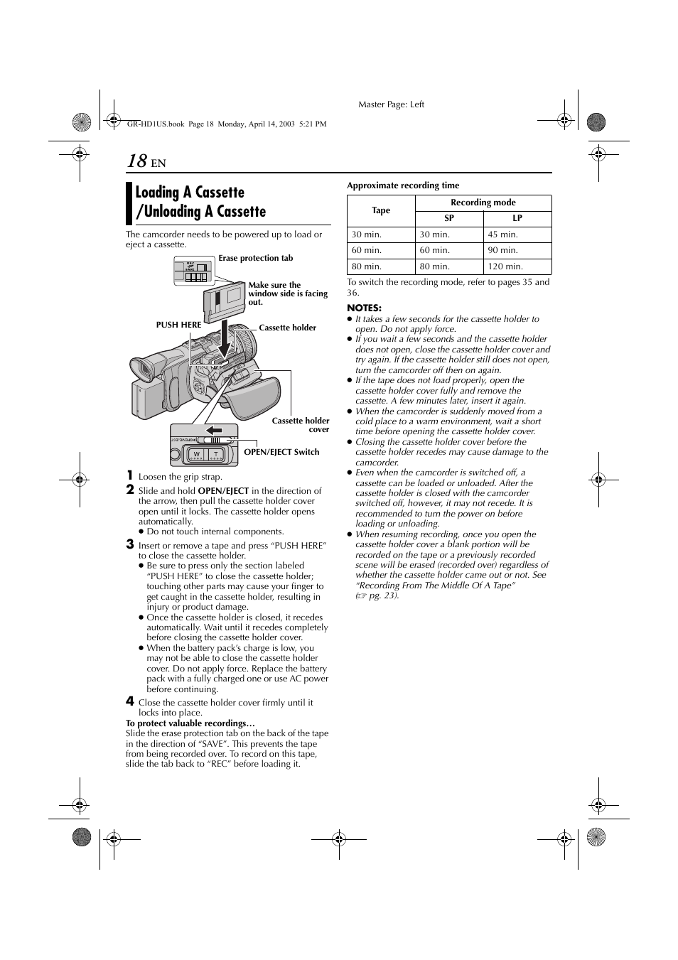 Loading a cassette /unloading a cassette, Loading a cassette, Unloading a cassette | JVC 0503-FO-ID-VP User Manual | Page 18 / 114