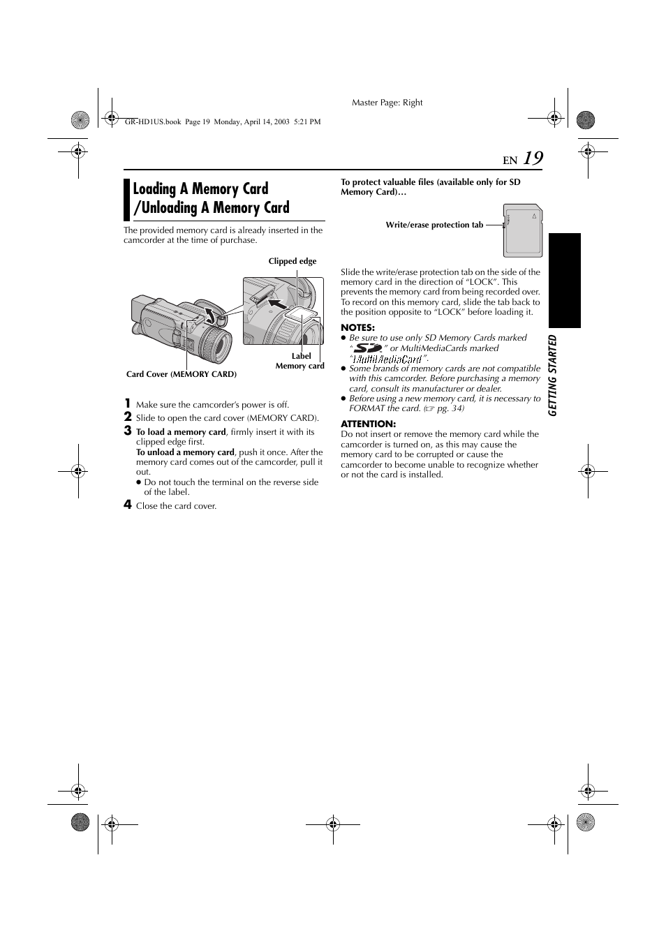 Loading a memory card /unloading a memory card, Loading a memory card, Unloading a memory card | JVC 0503-FO-ID-VP User Manual | Page 19 / 114