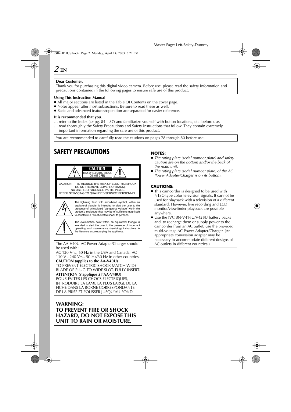 Safety precautions | JVC 0503-FO-ID-VP User Manual | Page 2 / 114