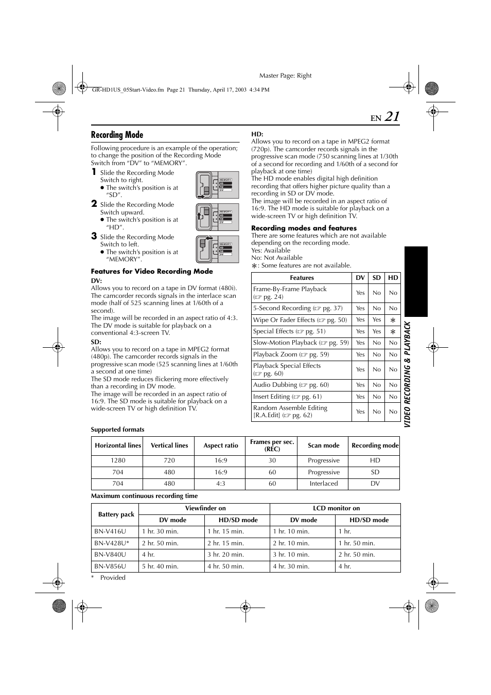 Recording mode, Pg. 21), To “recording mode | JVC 0503-FO-ID-VP User Manual | Page 21 / 114