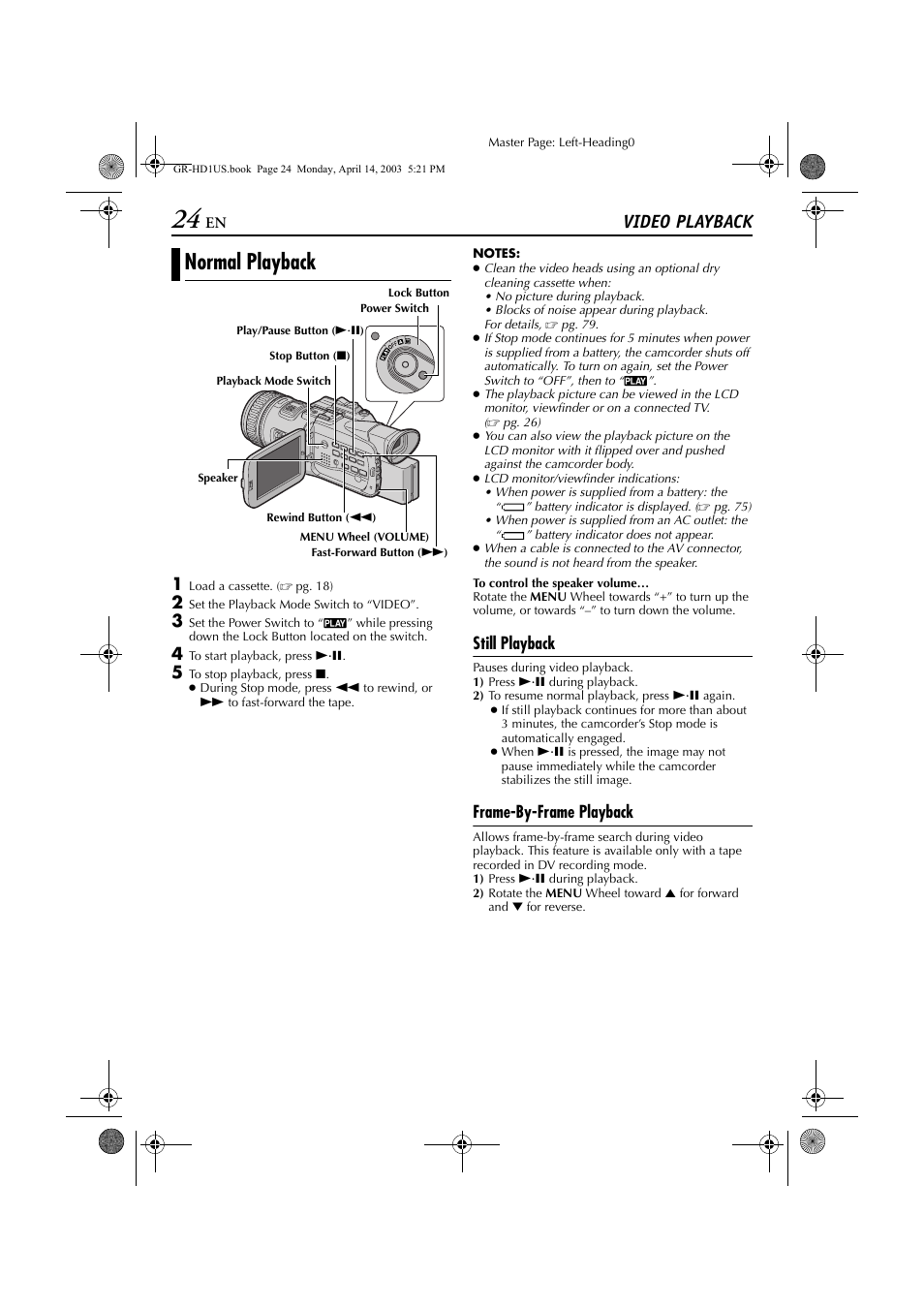 Video playback, Normal playback, Still playback | Frame-by-frame playback, Pg. 24) | JVC 0503-FO-ID-VP User Manual | Page 24 / 114