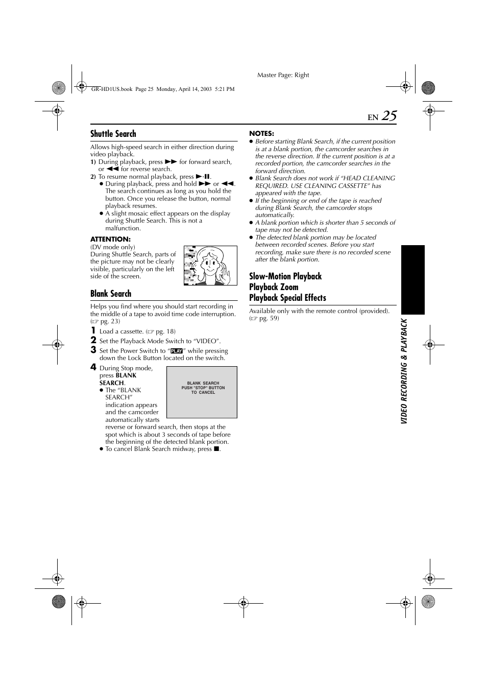 Shuttle search, Blank search, Shuttle search blank search | Pg. 25) | JVC 0503-FO-ID-VP User Manual | Page 25 / 114