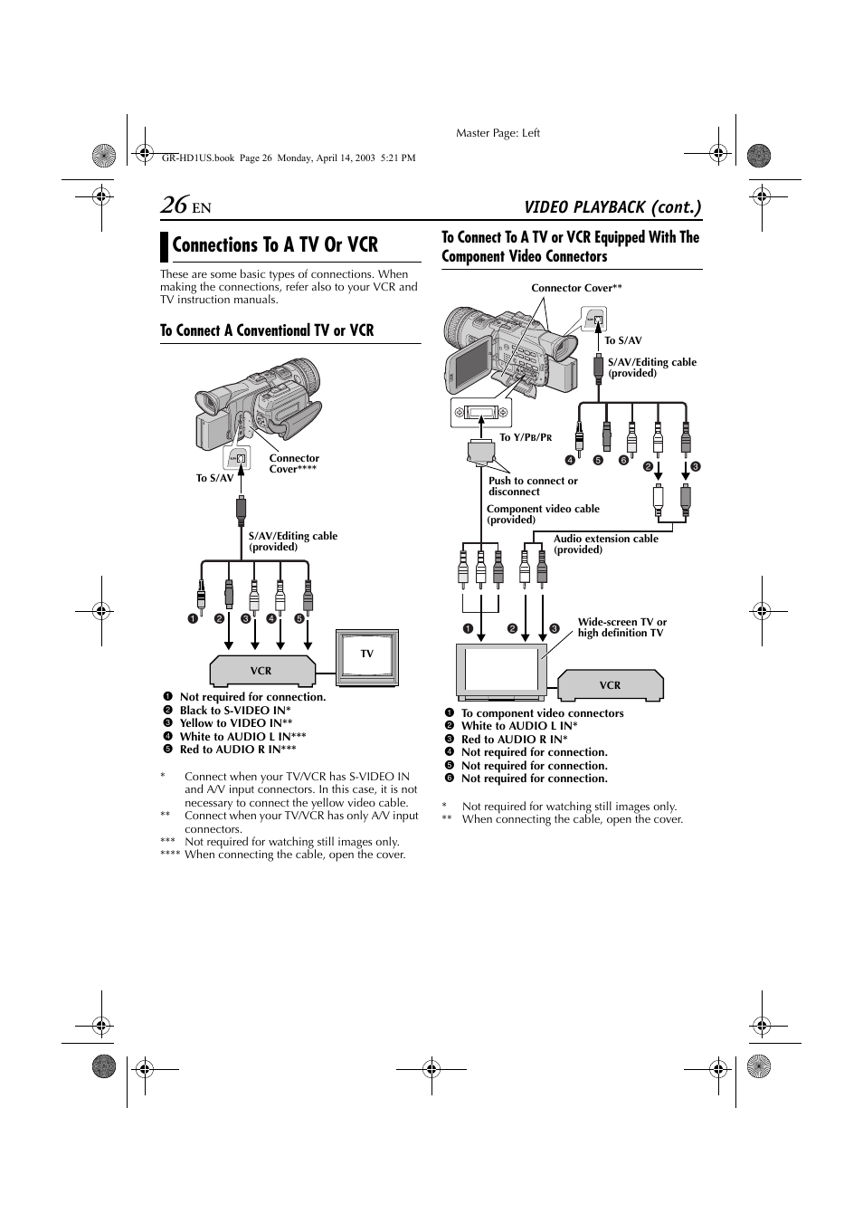 Connections to a tv or vcr, Pg. 26), Video playback (cont.) | JVC 0503-FO-ID-VP User Manual | Page 26 / 114