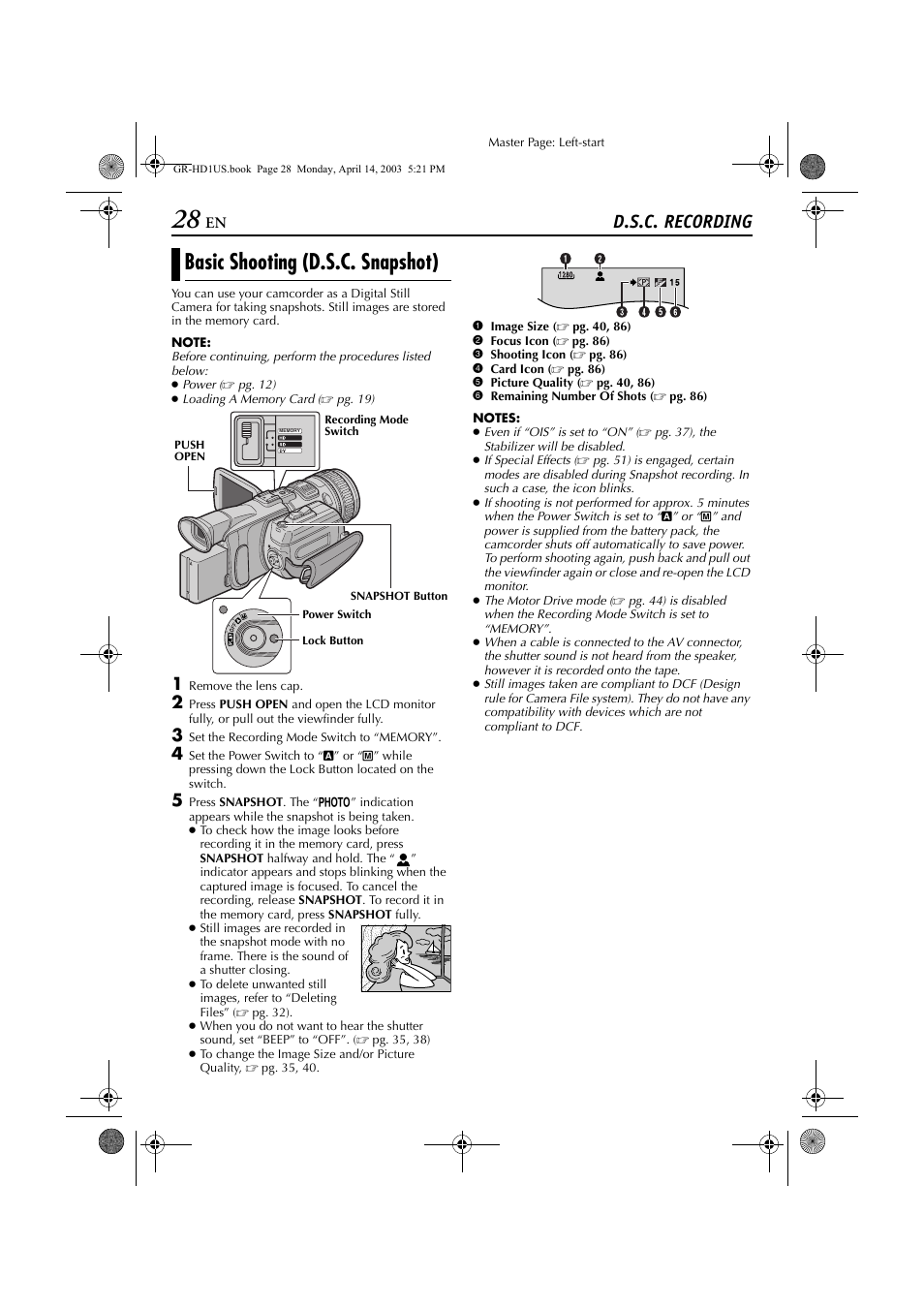 Digital still camera (d.s.c.) recording & playback, D.s.c. recording, Basic shooting (d.s.c. snapshot) | JVC 0503-FO-ID-VP User Manual | Page 28 / 114