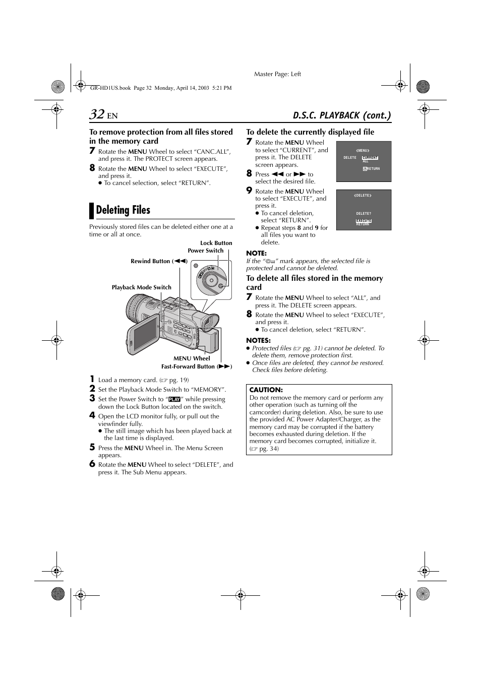 Deleting files, To “deleting files, Pg. 32) | D.s.c. playback (cont.) | JVC 0503-FO-ID-VP User Manual | Page 32 / 114