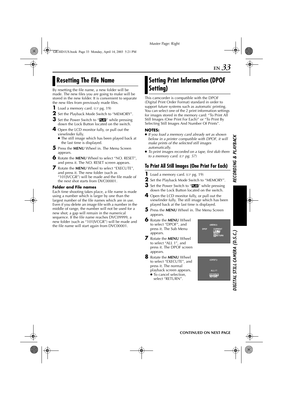 Resetting the file name, Setting print information (dpof setting), Older name | Pg. 33), Ile name | JVC 0503-FO-ID-VP User Manual | Page 33 / 114