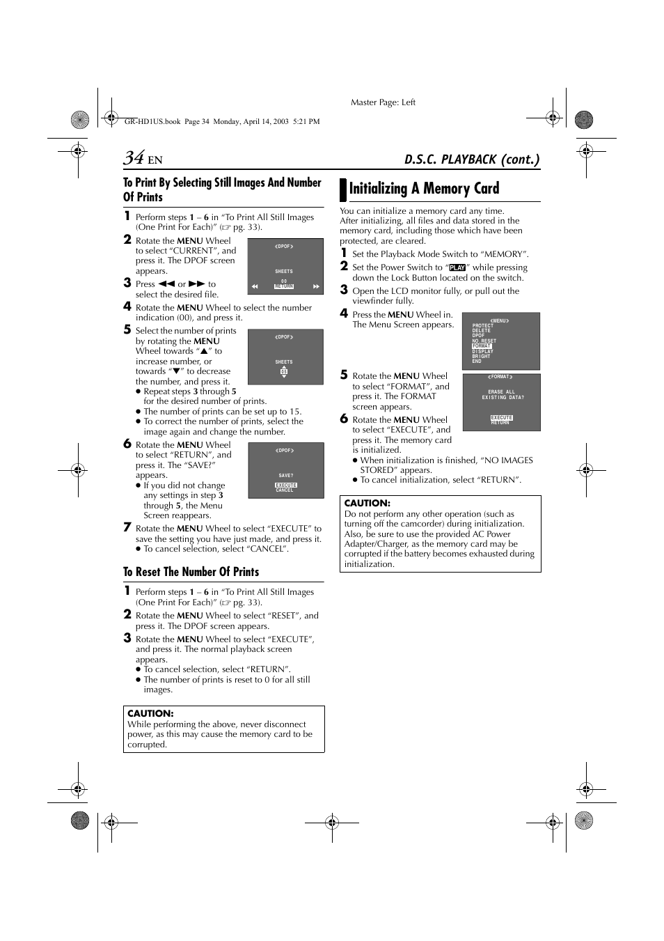 Initializing a memory card, Pg. 34), D.s.c. playback (cont.) | JVC 0503-FO-ID-VP User Manual | Page 34 / 114