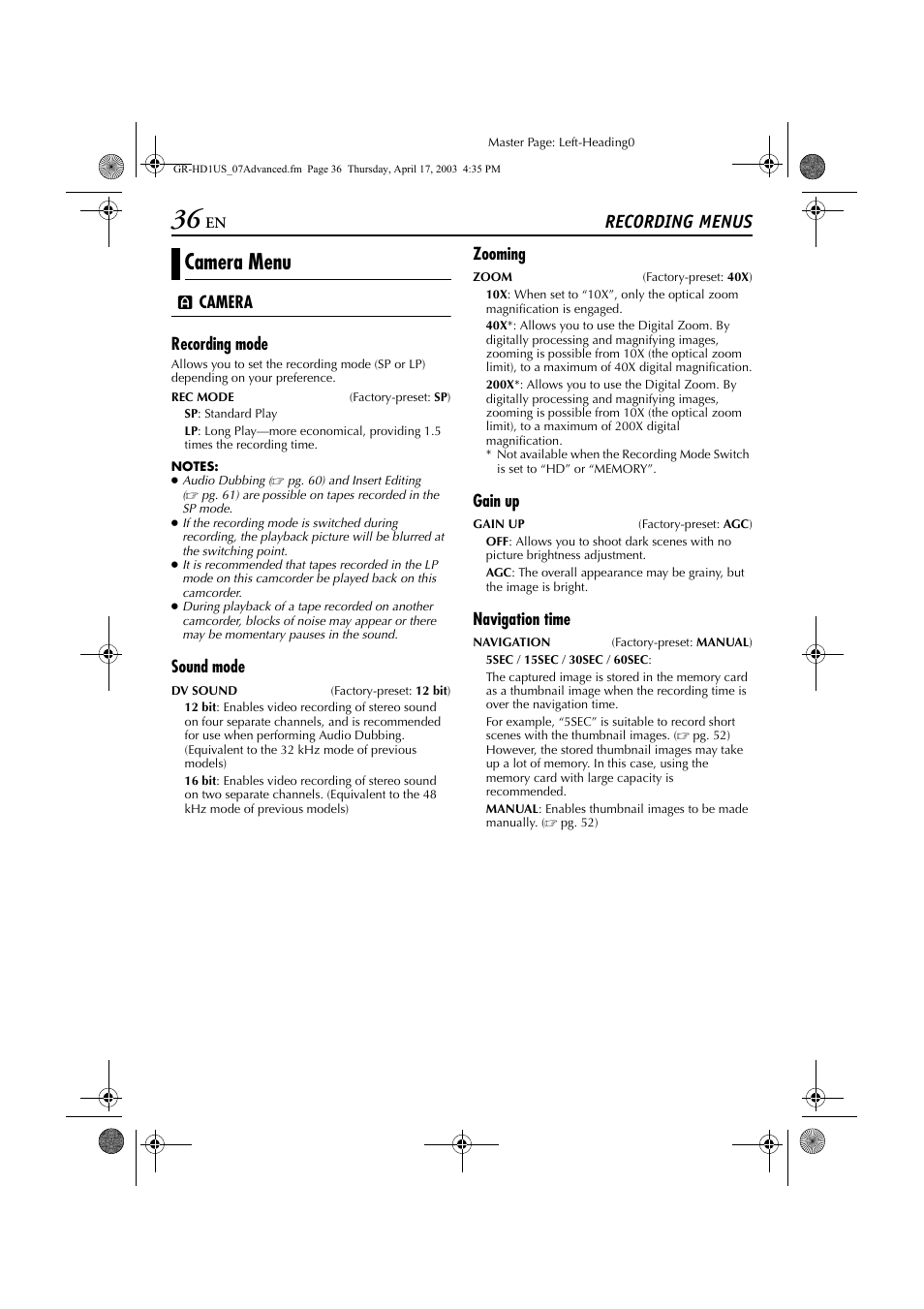 Recording menus, Optical zoom, Pg. 36) | Camera menu | JVC 0503-FO-ID-VP User Manual | Page 36 / 114