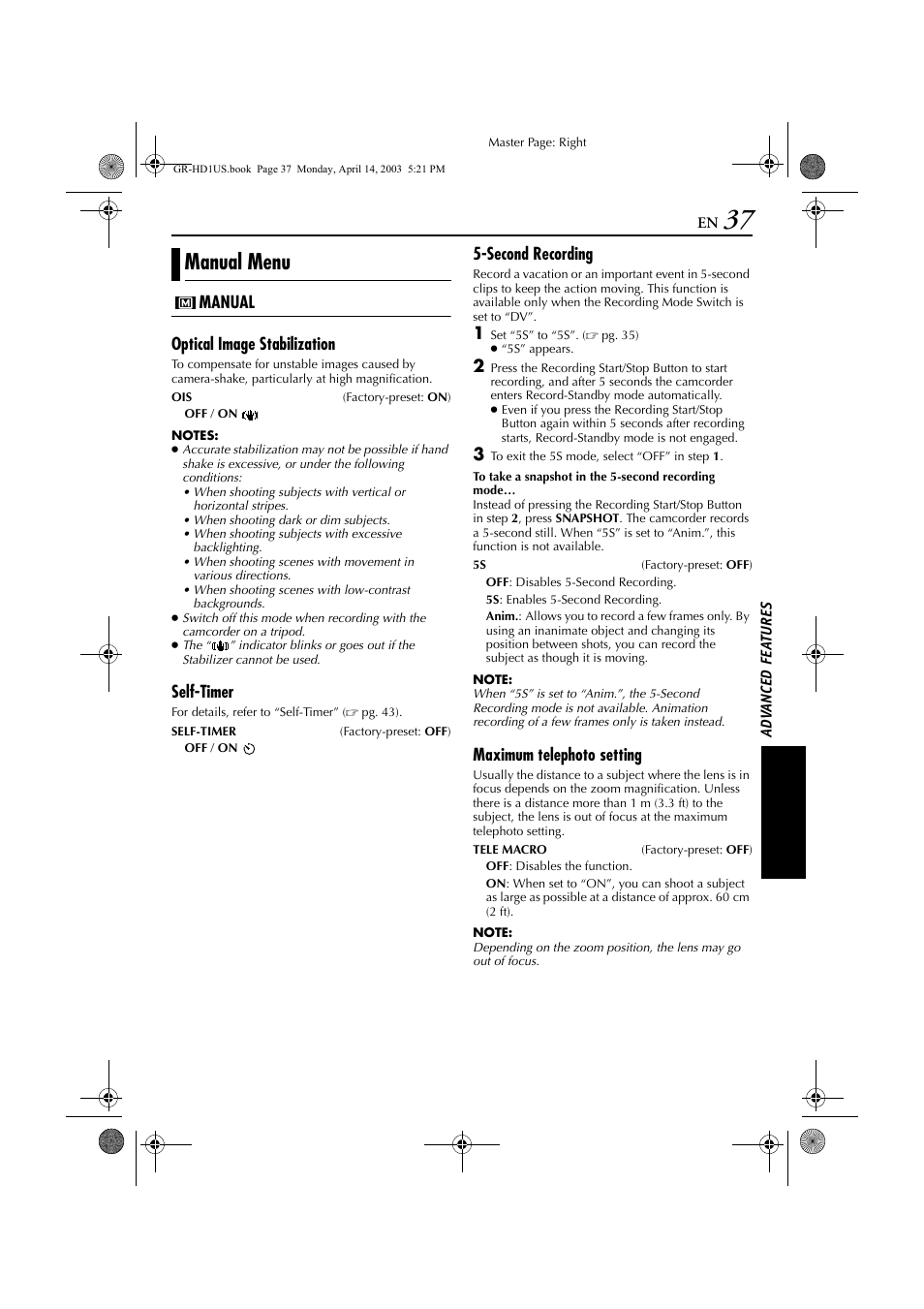 Second recording, Pg. 37), Pg. 37), the | Manual menu | JVC 0503-FO-ID-VP User Manual | Page 37 / 114