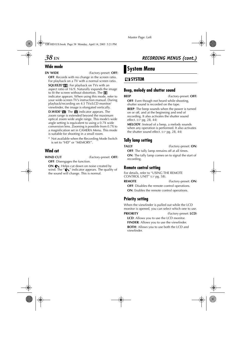 System menu, Recording menus (cont.) | JVC 0503-FO-ID-VP User Manual | Page 38 / 114