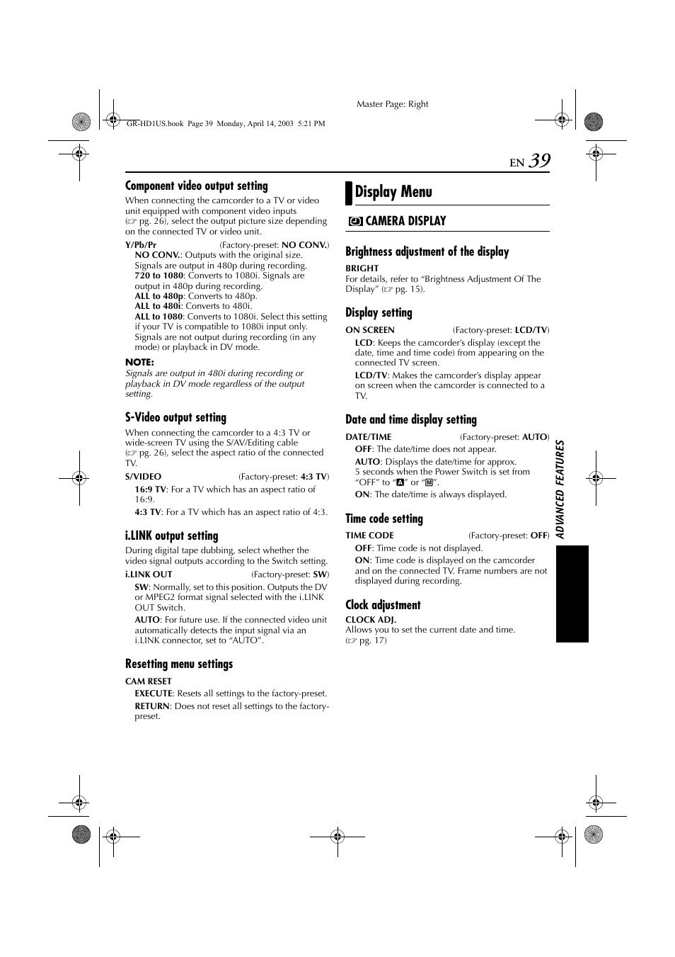 T to “on, Pg. 39), Display menu | JVC 0503-FO-ID-VP User Manual | Page 39 / 114