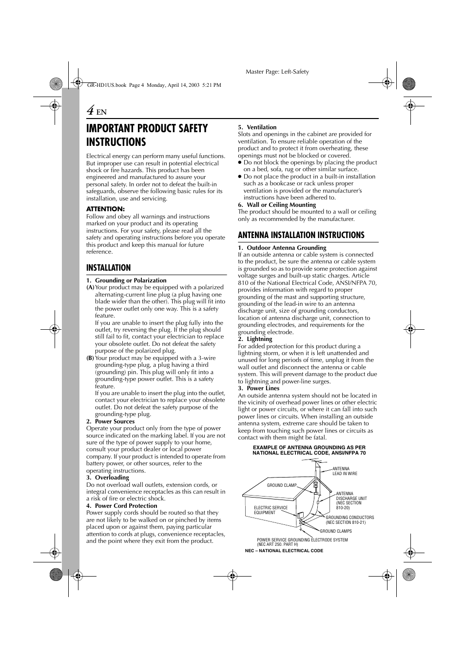 Important product safety instructions, Installation, Antenna installation instructions | JVC 0503-FO-ID-VP User Manual | Page 4 / 114