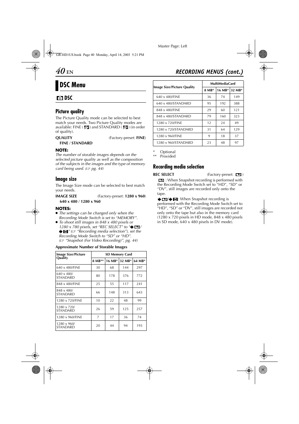 Pg. 40, Y ( ੬ pg. 40, Dsc menu | Recording menus (cont.), Dsc picture quality, Image size, Recording media selection | JVC 0503-FO-ID-VP User Manual | Page 40 / 114