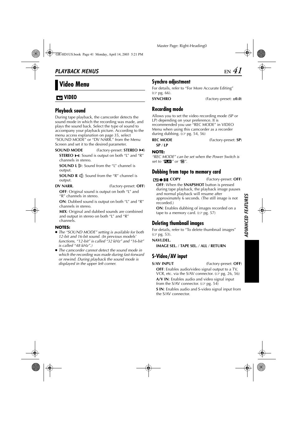 Playback menus, Video menu | JVC 0503-FO-ID-VP User Manual | Page 41 / 114