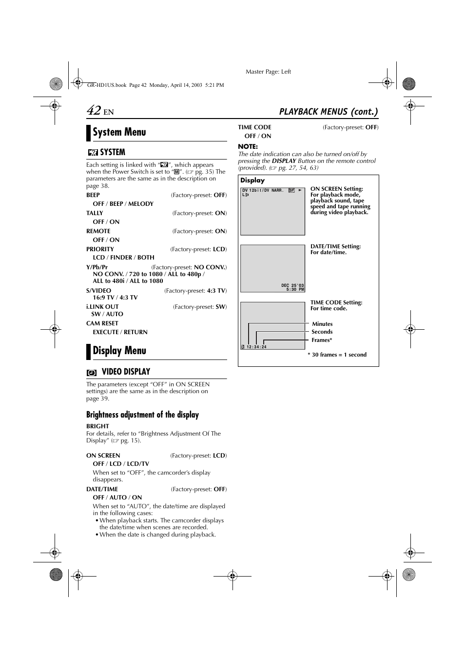 System menu display menu, Playback menus (cont.), System | Video display, Brightness adjustment of the display | JVC 0503-FO-ID-VP User Manual | Page 42 / 114