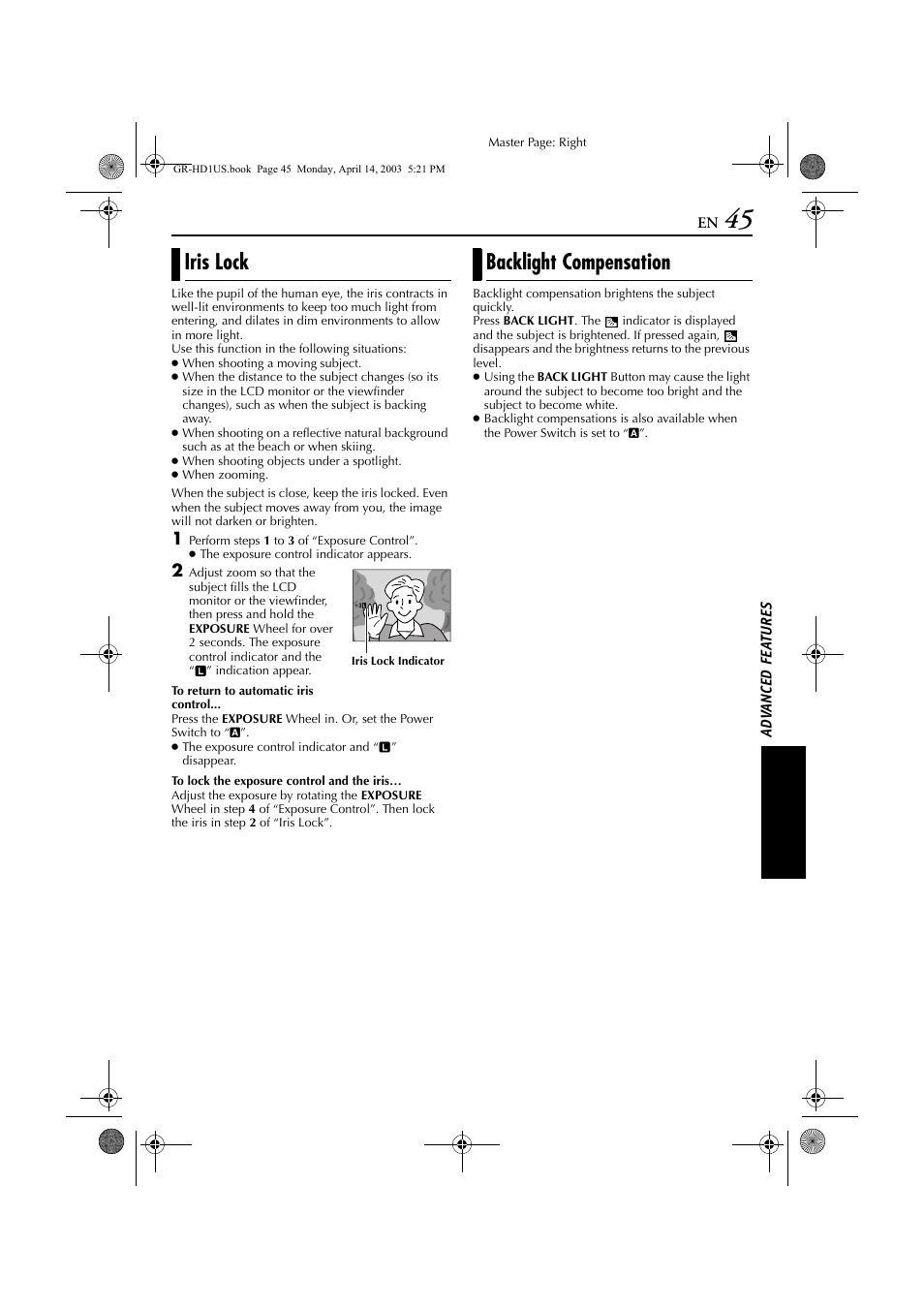 Iris lock, Backlight compensation, Iris lock backlight compensation | Ensation, Pg. 45), Tion | JVC 0503-FO-ID-VP User Manual | Page 45 / 114