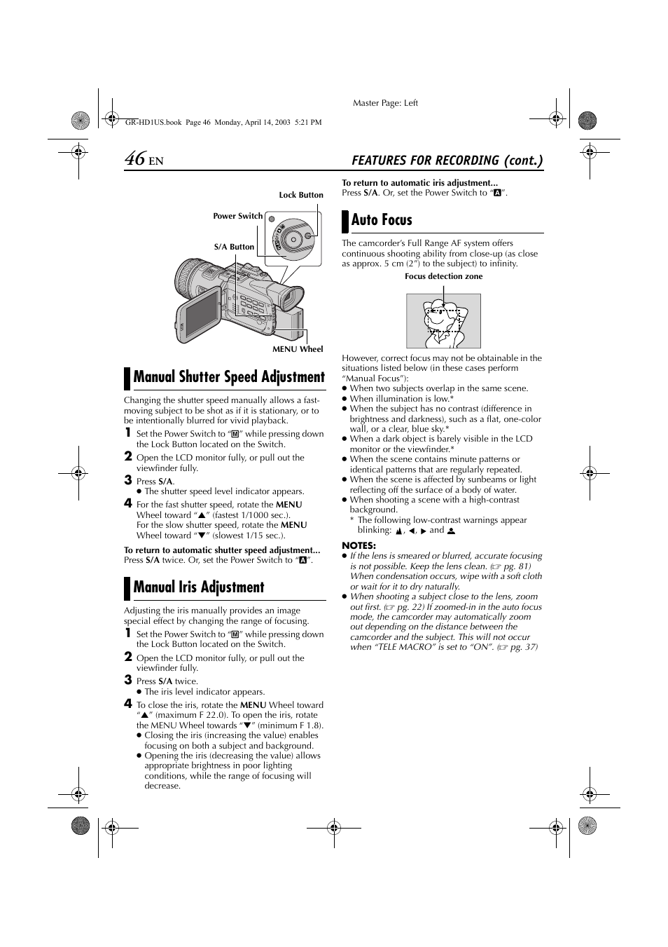 Manual shutter speed adjustment, Manual iris adjustment, Auto focus | Features for recording (cont.) | JVC 0503-FO-ID-VP User Manual | Page 46 / 114