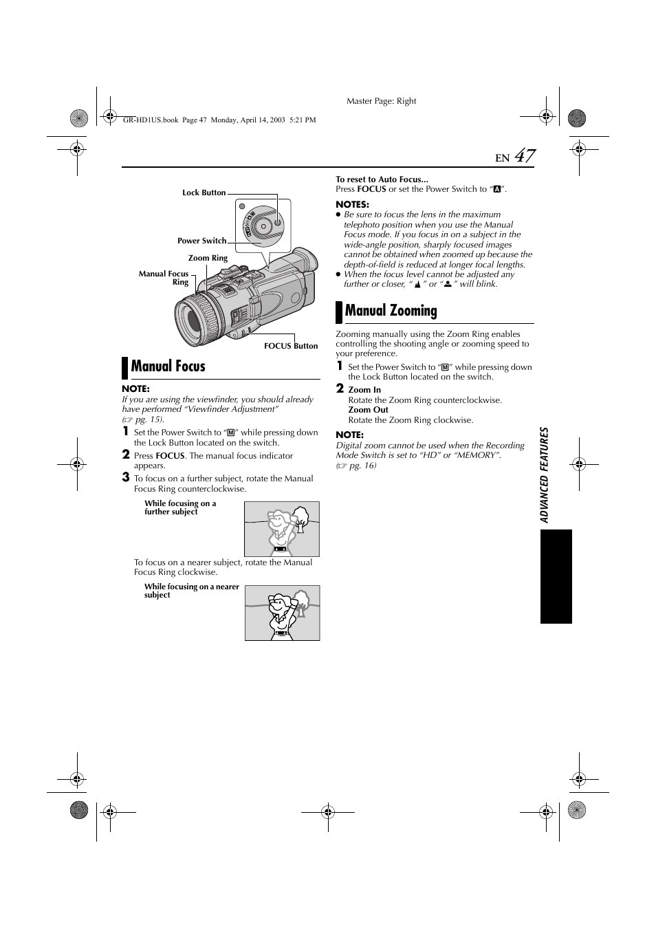 Manual focus, Manual zooming, Manual focus manual zooming | Pg. 47), then zoom in or, Manual focus”) | JVC 0503-FO-ID-VP User Manual | Page 47 / 114