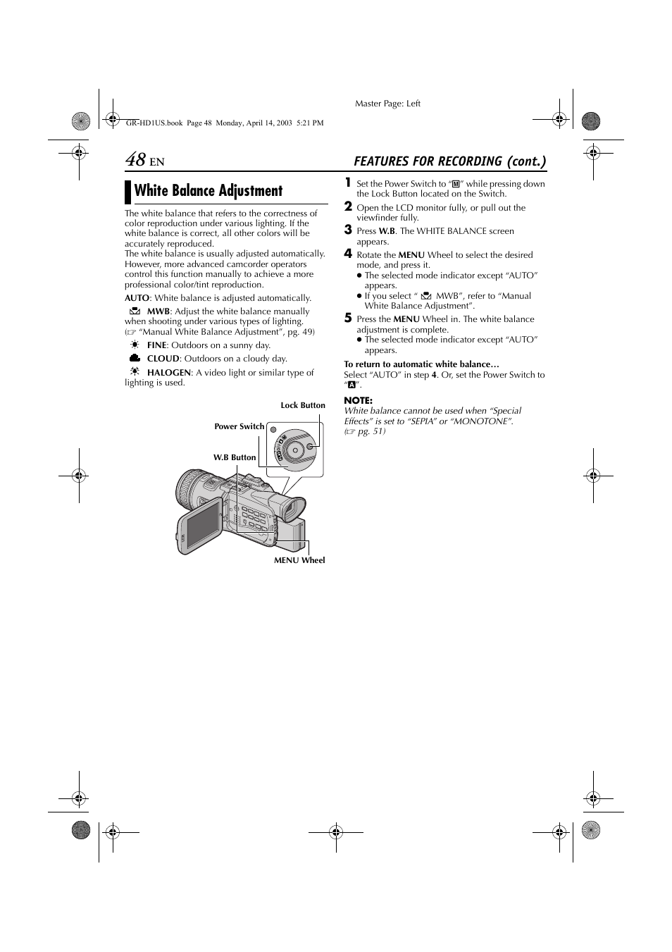 White balance adjustment, Features for recording (cont.) | JVC 0503-FO-ID-VP User Manual | Page 48 / 114