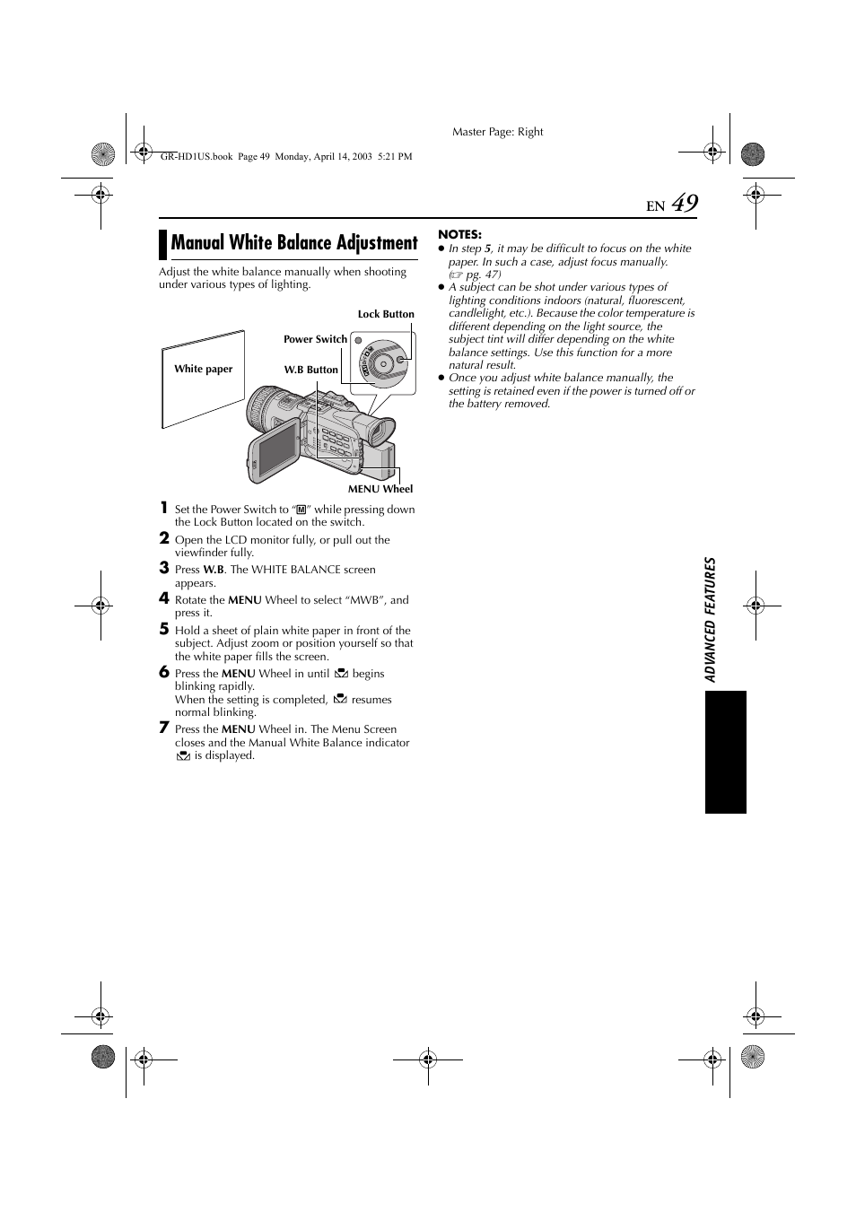 Manual white balance adjustment, Manual white balance adjustment”, pg. 49), Fer to “manual | White balance adjustment | JVC 0503-FO-ID-VP User Manual | Page 49 / 114