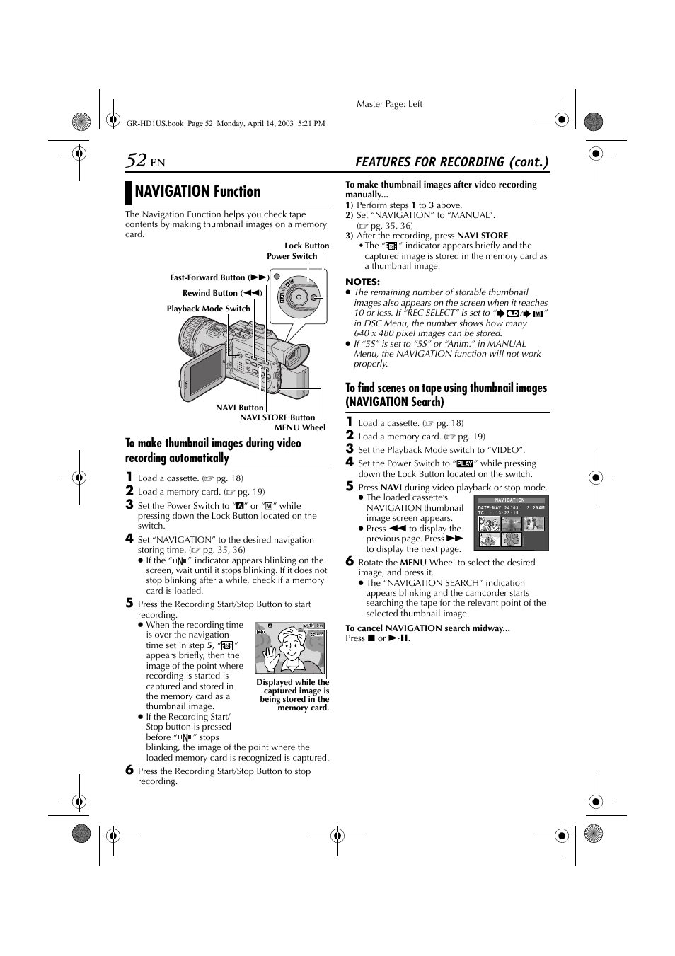 Navigation function, Thumbnail images may take, Features for recording (cont.) | JVC 0503-FO-ID-VP User Manual | Page 52 / 114