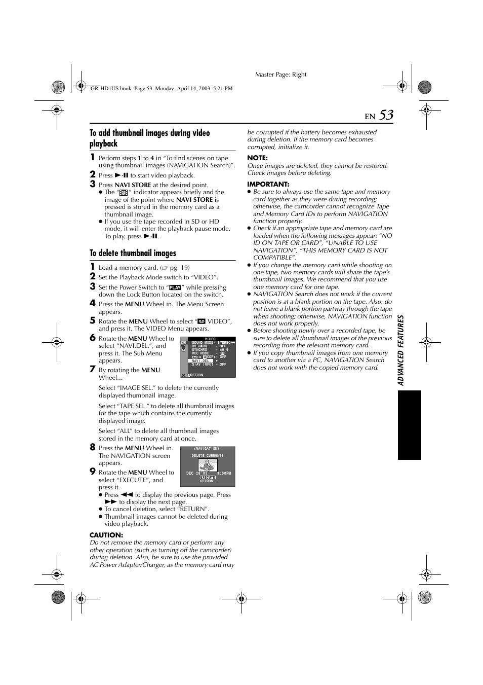 To “to delete thumbnail images, Pg. 53), Ad v a nced fe a ture s | JVC 0503-FO-ID-VP User Manual | Page 53 / 114