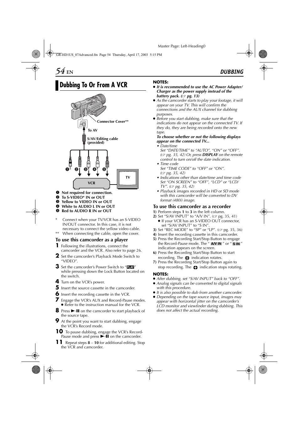 Dubbing, Dubbing to or from a vcr, Ubbing | Pg. 54, Pg. 54) | JVC 0503-FO-ID-VP User Manual | Page 54 / 114