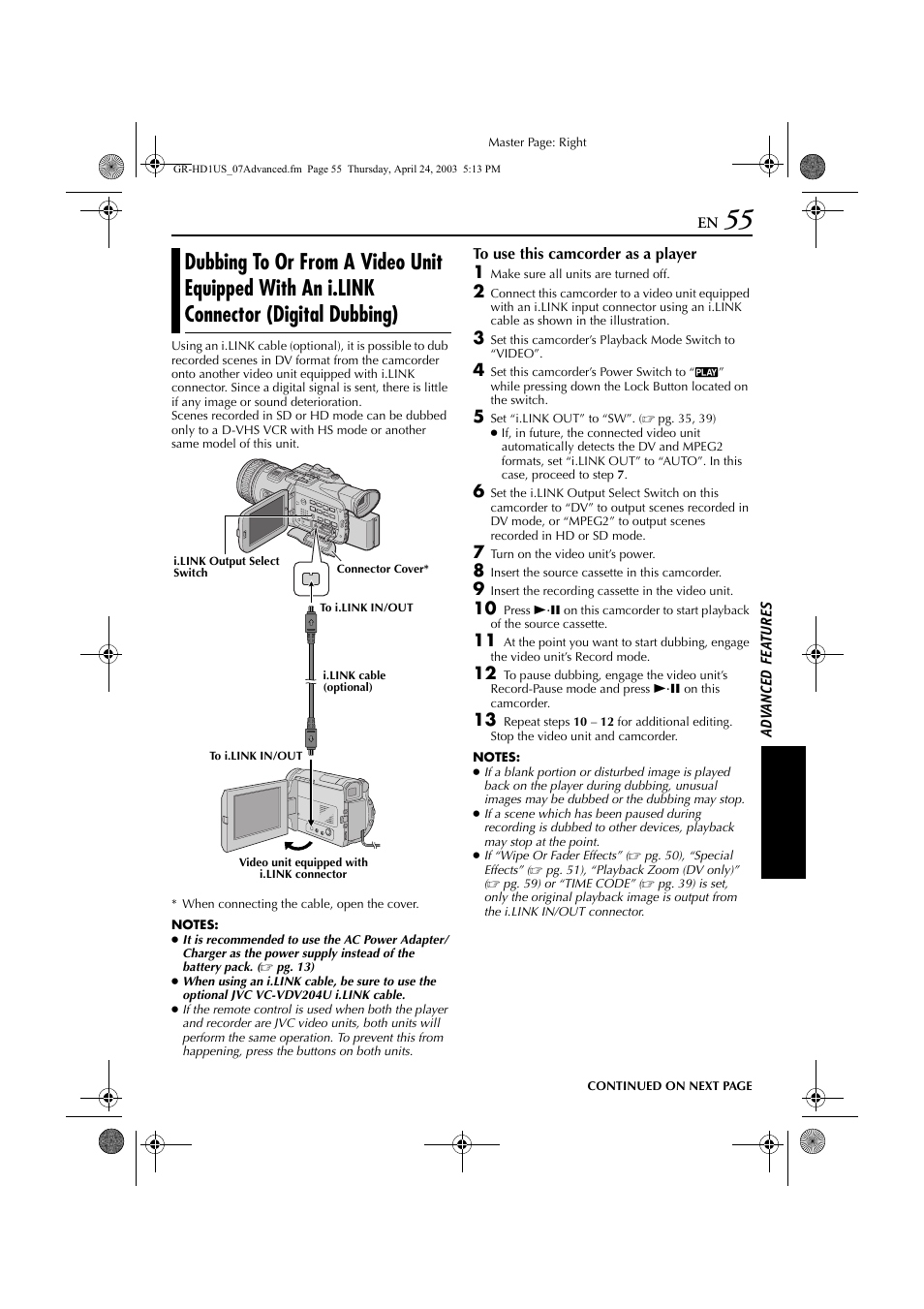 Dubbing to or from a video unit equipped with, An i.link connector (digital dubbing) | JVC 0503-FO-ID-VP User Manual | Page 55 / 114