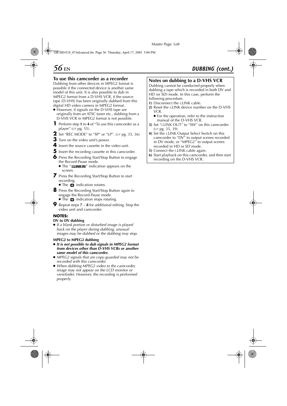 Dubbing (cont.) | JVC 0503-FO-ID-VP User Manual | Page 56 / 114