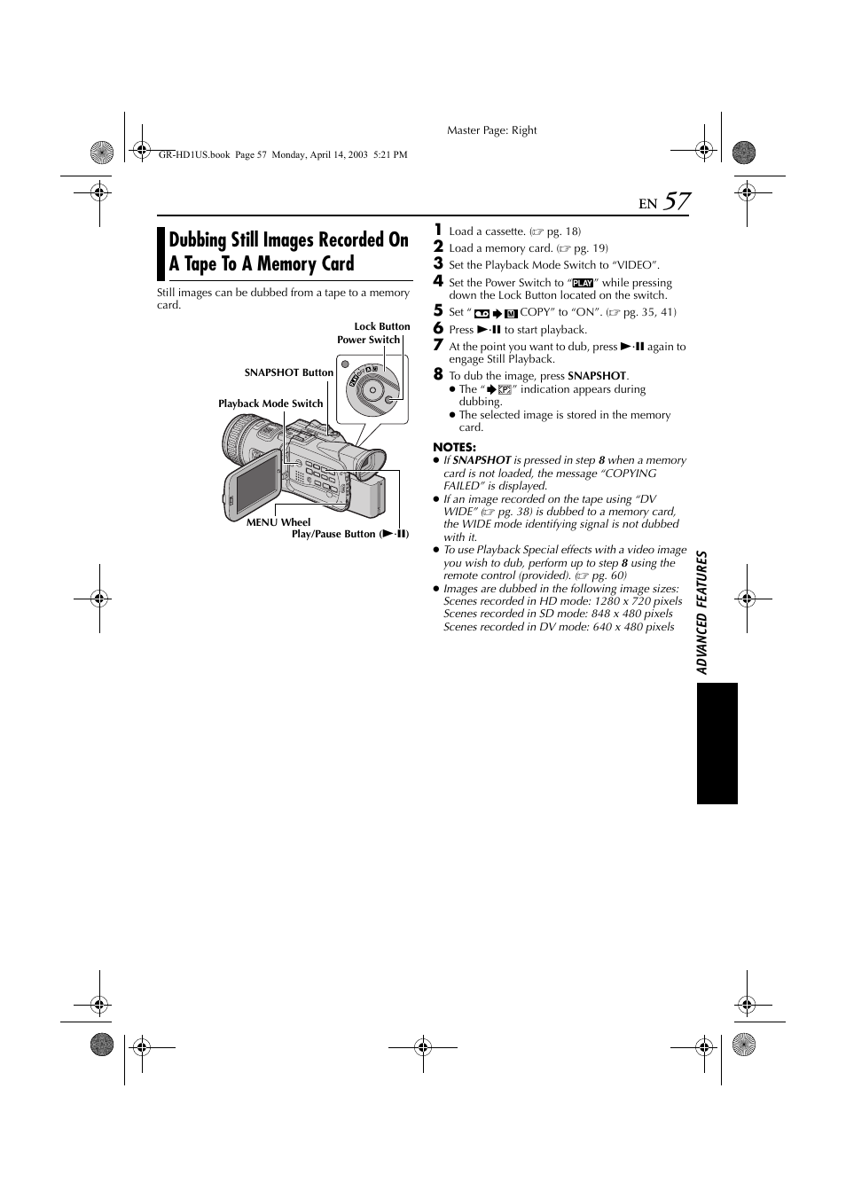 Dubbing still images recorded on a tape to, A memory card, Pg. 57) | JVC 0503-FO-ID-VP User Manual | Page 57 / 114