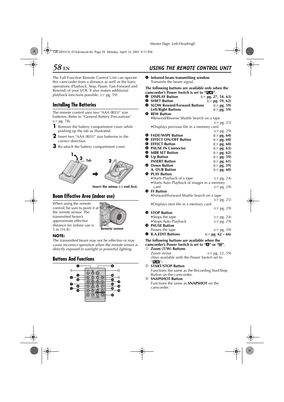 Using the remote control unit, Pg. 58), Installing the batteries | Beam effective area (indoor use), Buttons and functions | JVC 0503-FO-ID-VP User Manual | Page 58 / 114