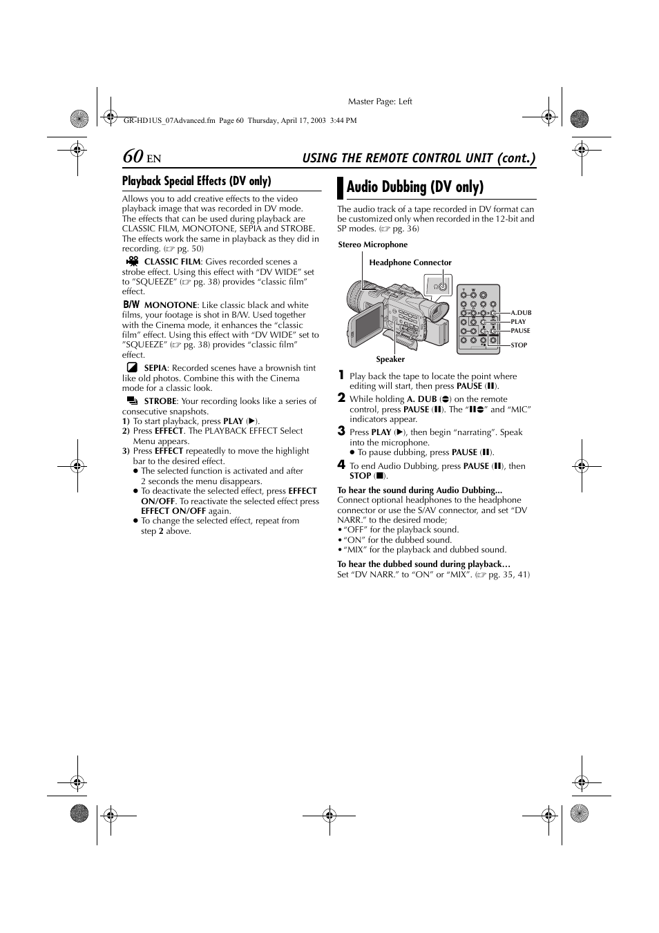 Audio dubbing, Audio dubbing (dv only), Playback special effects | Pg. 60), Pg. 60) and inser, Vided), Using the remote control unit (cont.), Playback special effects (dv only) | JVC 0503-FO-ID-VP User Manual | Page 60 / 114